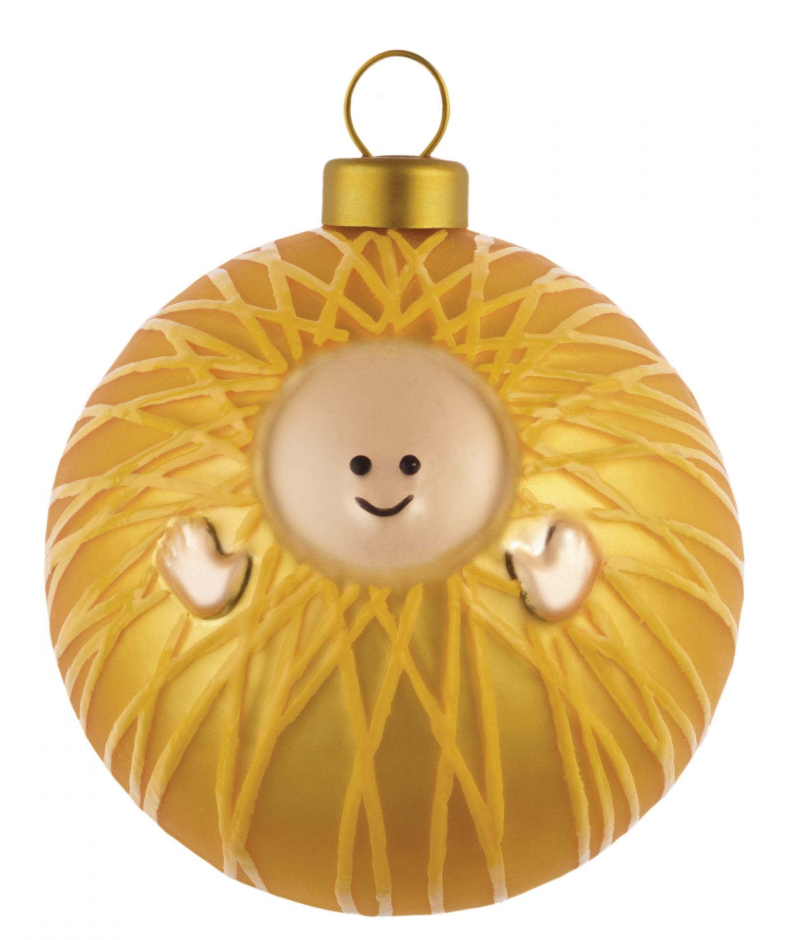 Goldene Alessi Weihnachtskugel mit Christkind Motiv, Teil der Palle Presepe Kollektion.